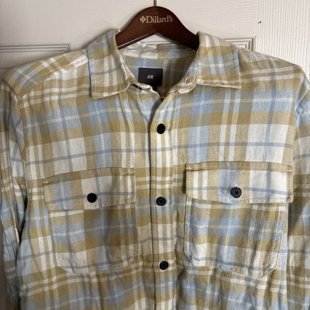 H&M- Men's long sleeve 'Shacket' button up Pockets M Yellow/blue striped Flannel